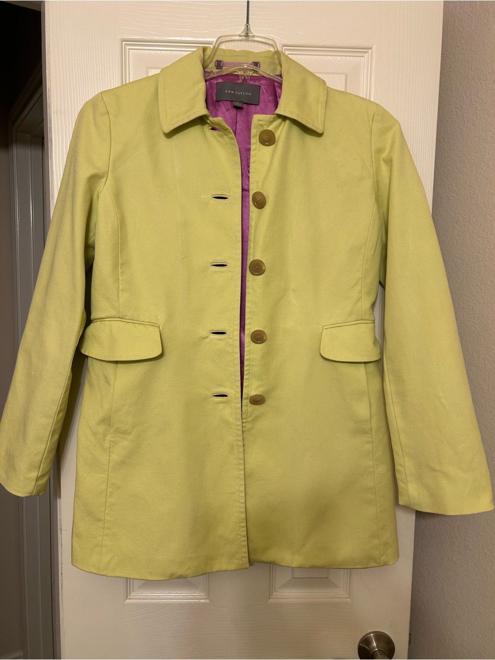 Ann Taylor Apple Green Pea Coat with Purple Lining